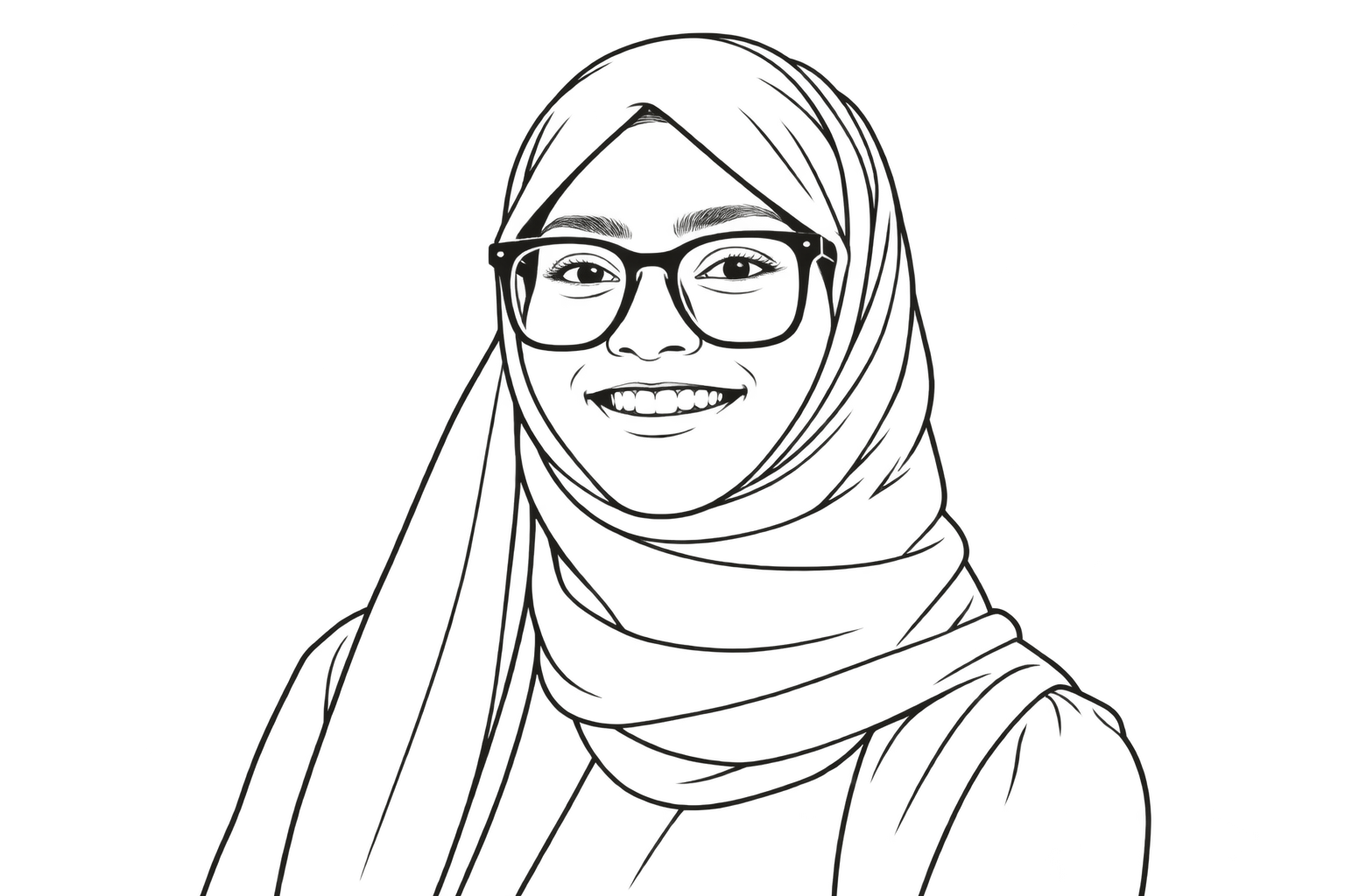 Line portrait of Zarin Sikder, smiling, wearing glasses and a hijab