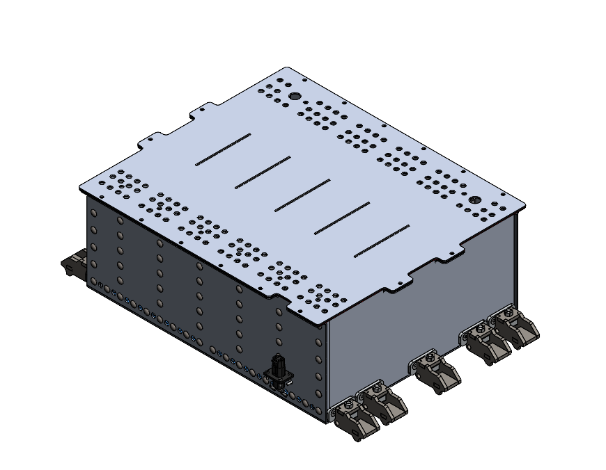 SolidWorks sheet-metal model of the full accumulator enclosure with chassis mounting features integrated