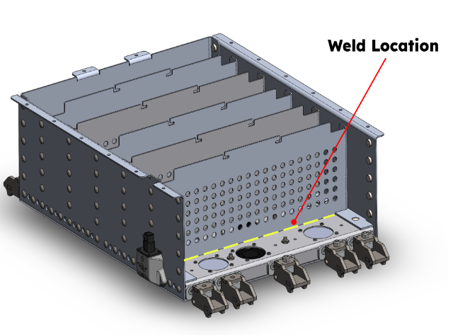 CAD highlighting the weld locations and rule compliant airflow holes added between segments for improved cooling