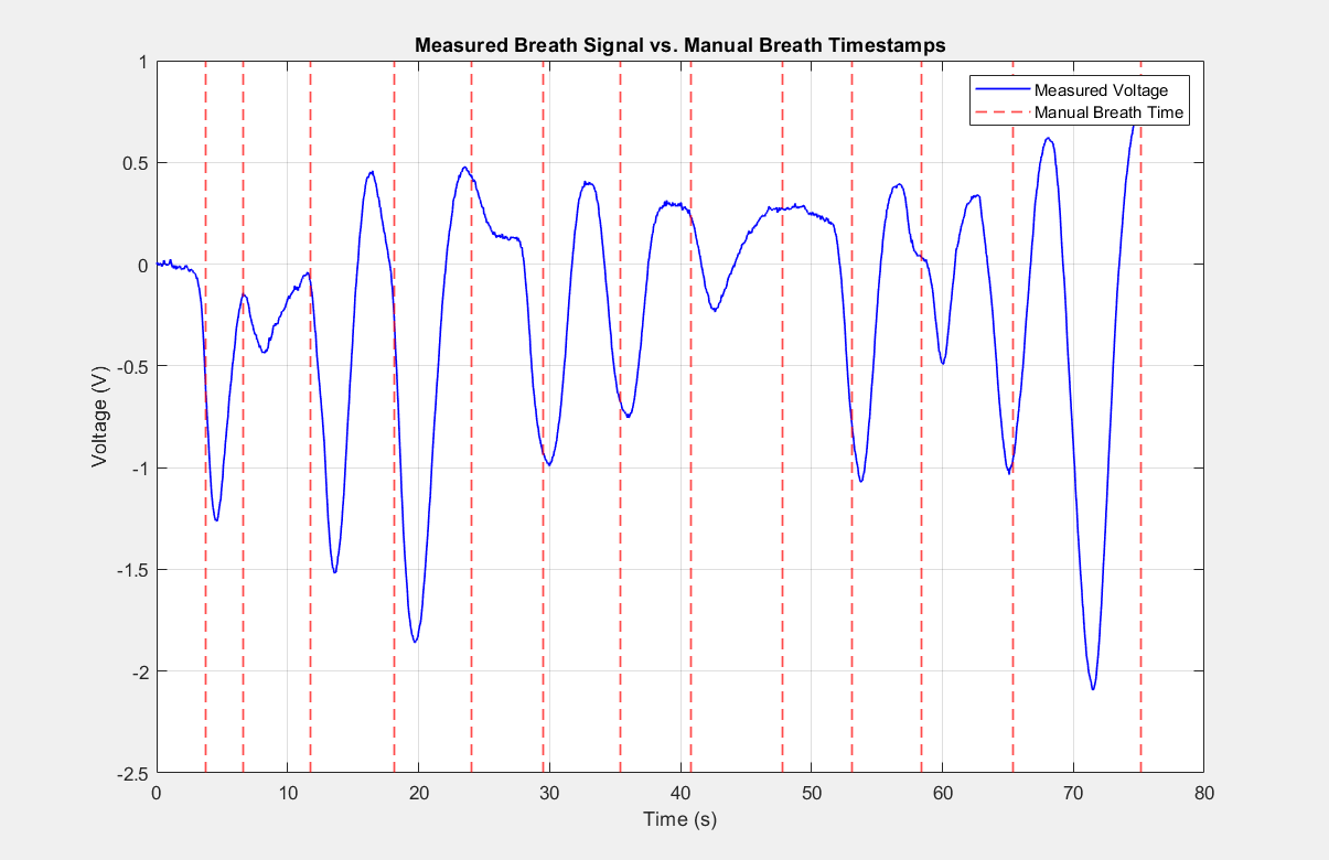 Measured breath signal and manual breath timestamps