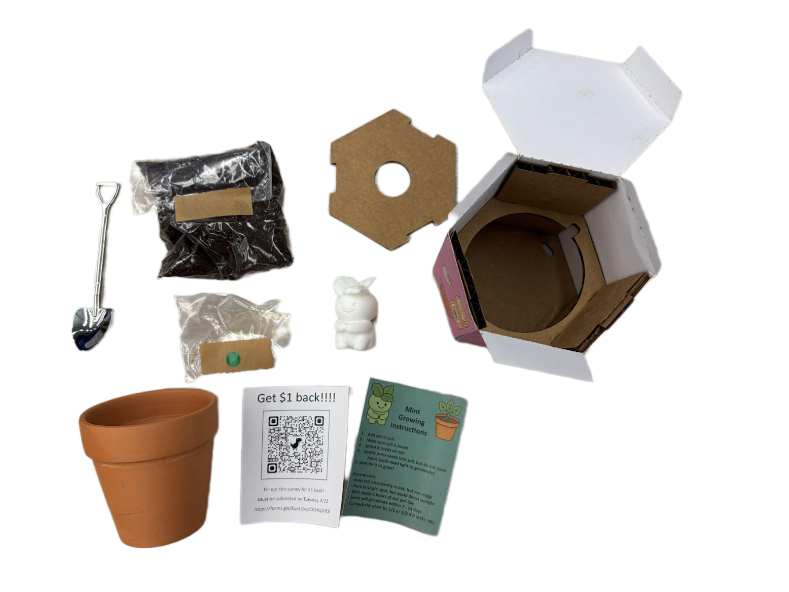 Our second iteration of the kit. We decided to add an instruction card for the specific mystery plant that was received along with a $1 back initiative that people would be inclined to respond to our survey.
